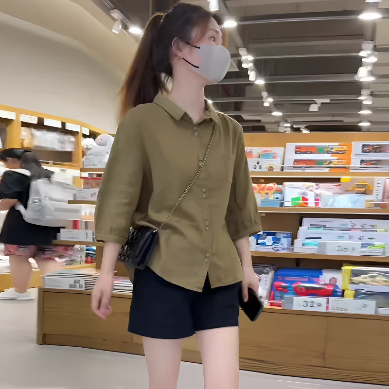 2025春夏新款衬衫韩版休闲时尚气质纯色宽松七分袖薄款遮肚子上衣