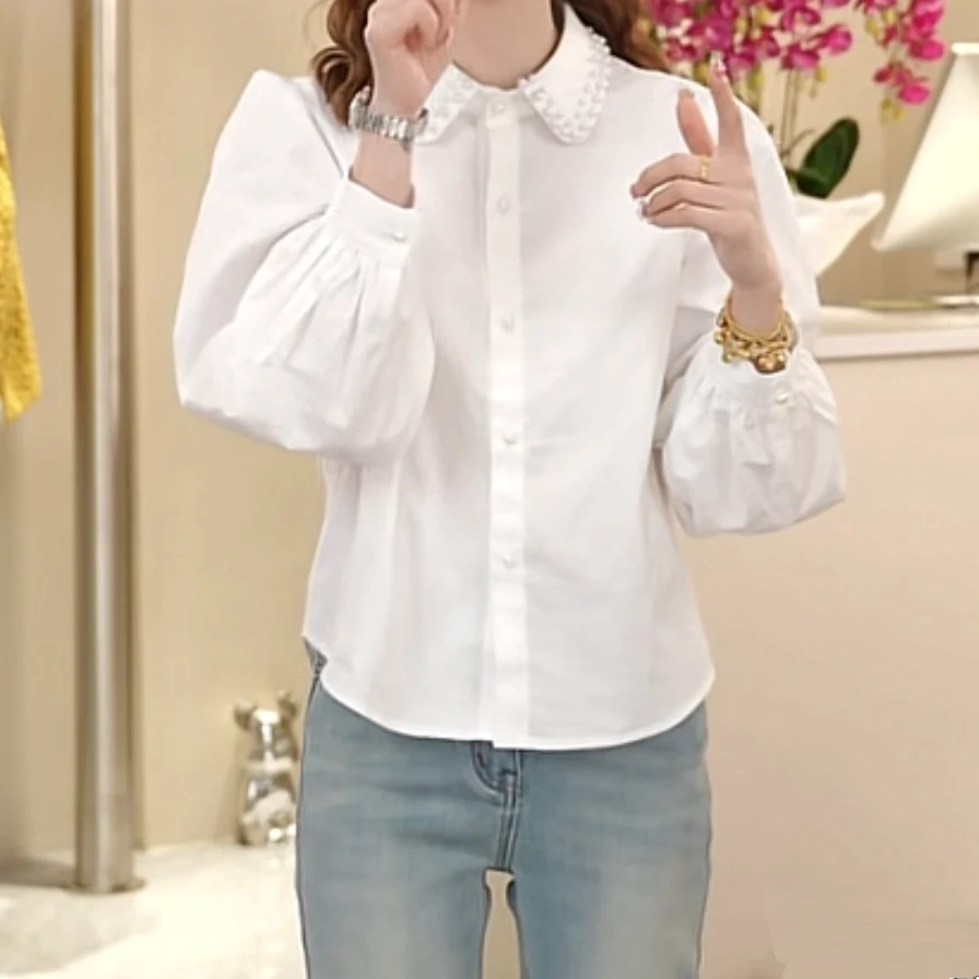 设计感珠珠翻领泡泡袖简约时尚百搭衬衫女2025春季新款气质衬衣