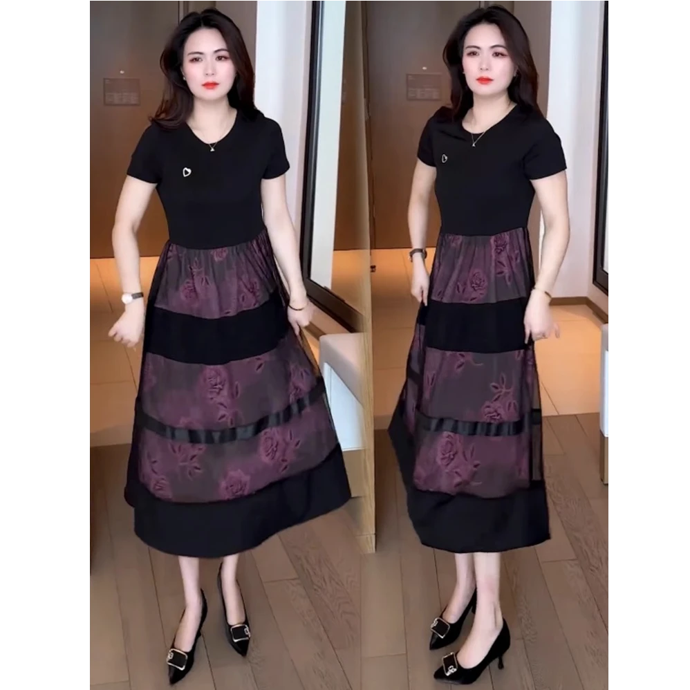时尚碎花连衣裙女2025夏季新款洋气减龄宽松遮肉中长款网纱裙子潮