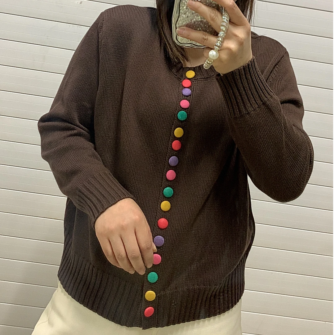 2025春季新款大码女装小香风彩色纽扣圆领棉线外套宽松针织衫