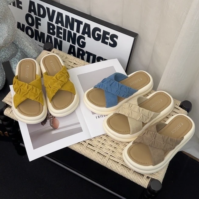 缤纷夏日2025早春夏款经典褶皱交叉厚底软底防滑外穿女凉拖鞋休闲