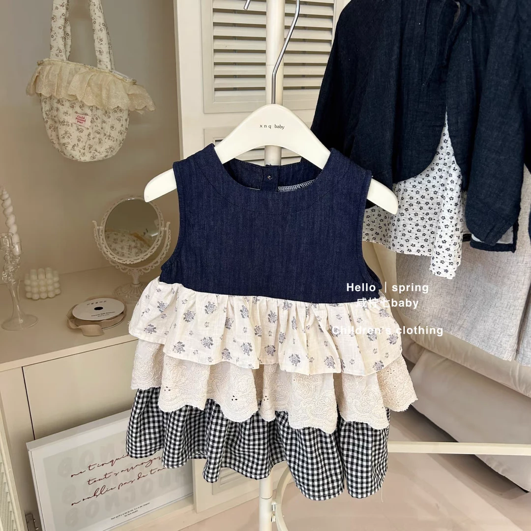 50056女童夏季新款森系女宝宝碎花格子拼接蛋糕裙连衣裙公主裙潮