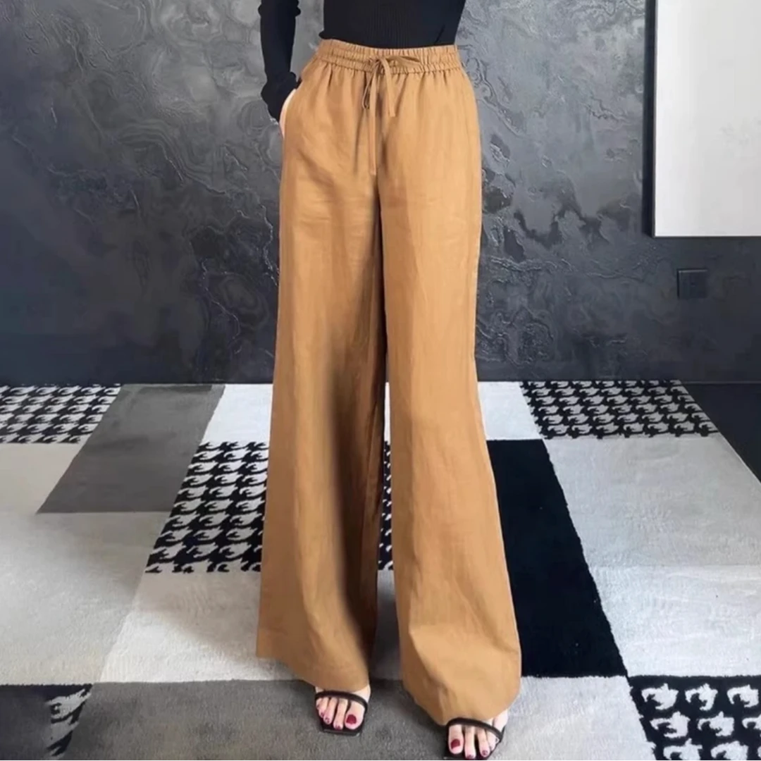 阿玛施休闲松紧腰气质百搭高腰直筒裤垂顺感宽松长裤女士5100552