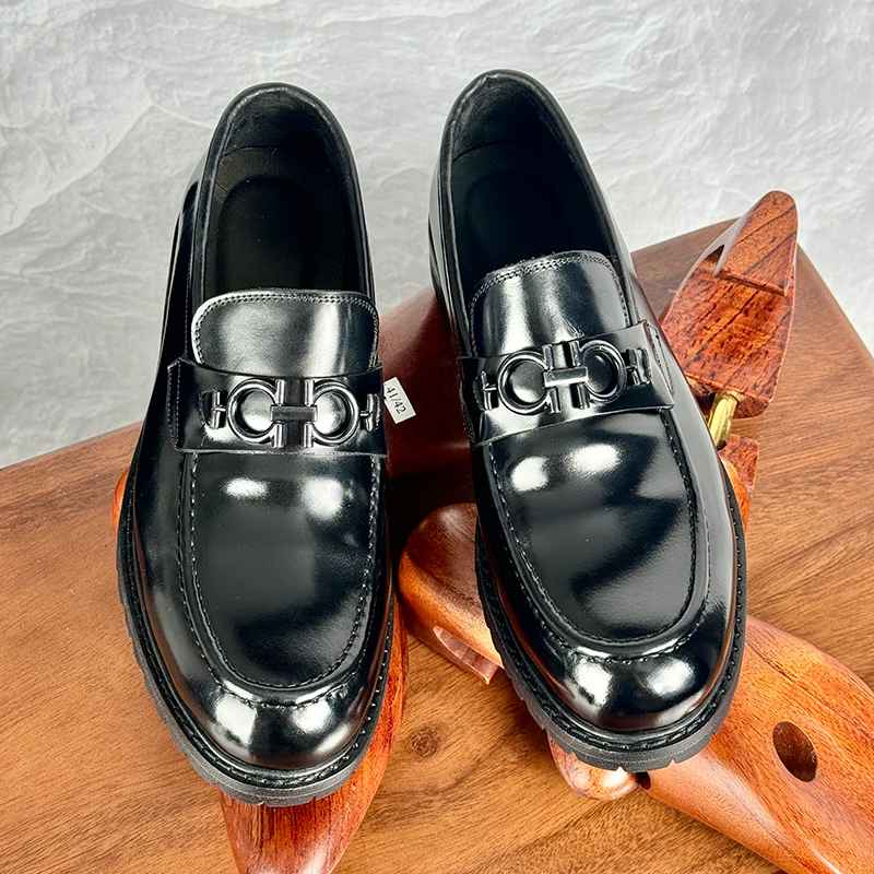 高端固特异马皮厚底乐福鞋男款一脚蹬里外全真皮波浪纹手工皮鞋男