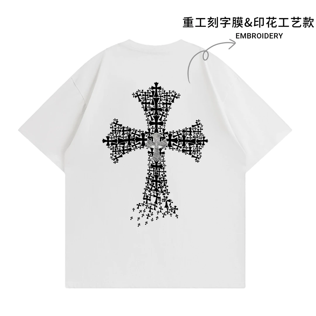 【现货-重工】潮牌十字架植绒刻字膜纯棉T恤男女同款夏显瘦短袖K430