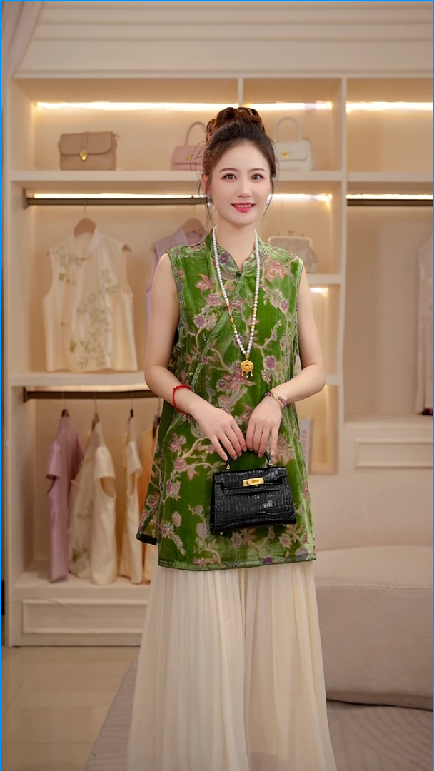 [海棠]花立领中长款常规款上衣中国风无袖短袖新中式