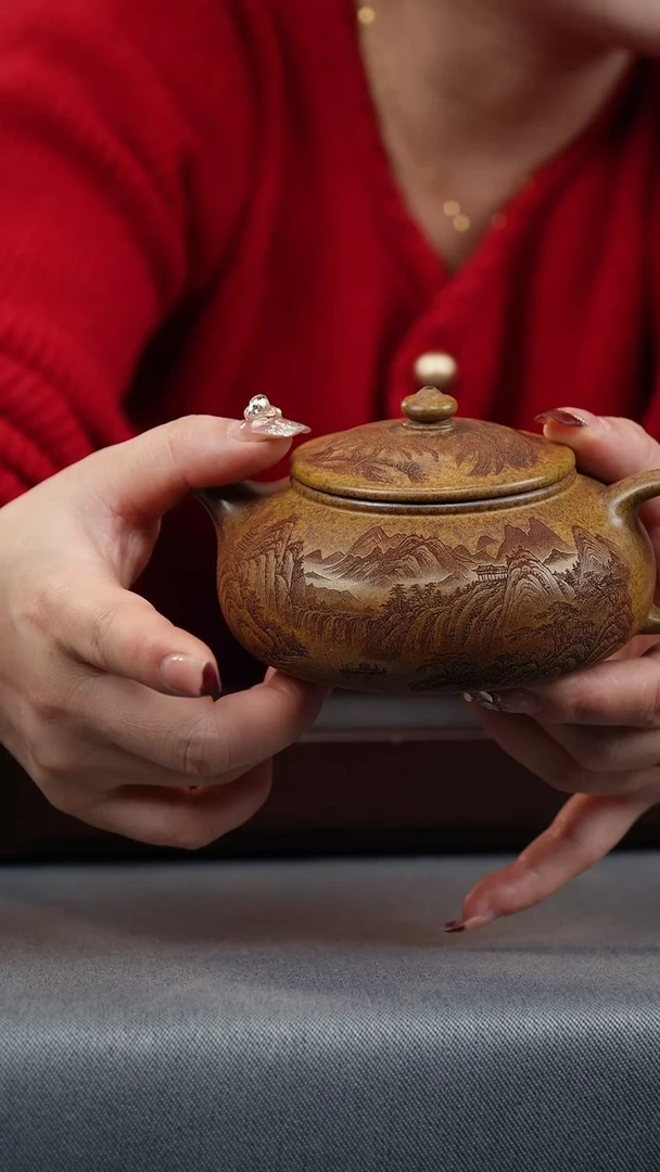 【闪购商品】紫砂茶壶龙骨金砂 寒江 刻山水