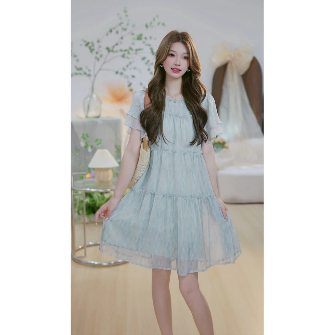【月珑轻纱E1】垂感木耳边温柔显白蛋糕裙宽松显瘦遮肉韩版连衣裙