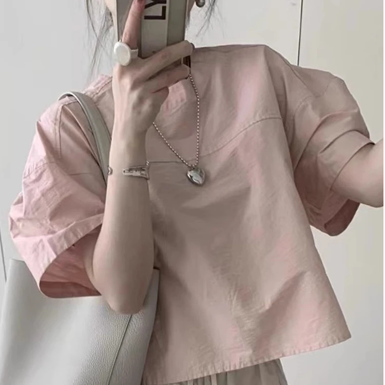1171纯棉韩系温柔别致粉色小衫女宽松小个子短款T恤短袖上衣夏季