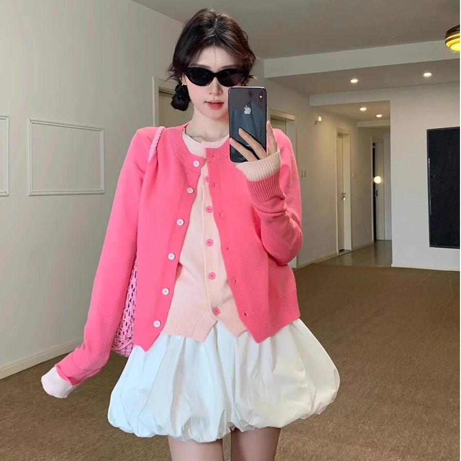 韩系拼接假两件针织开衫毛衣女2025春秋宽松软糯温柔别致休闲百搭