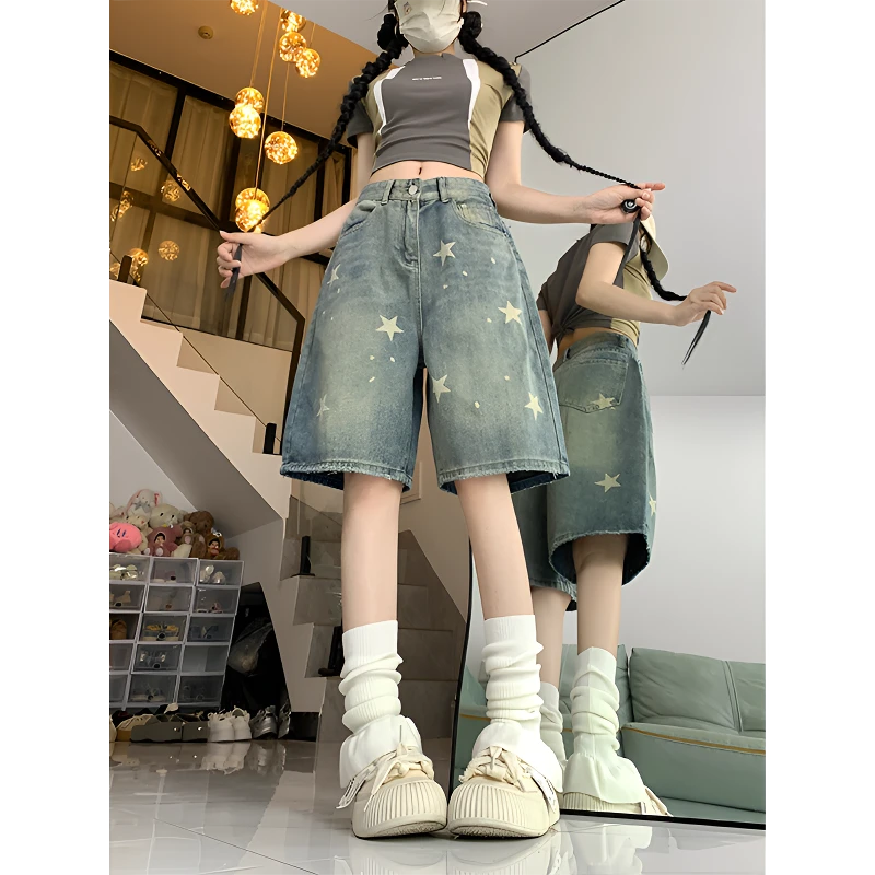 大码美式星星牛仔短裤女夏季胖mm街头直筒宽松显瘦阔腿五分裤子潮
