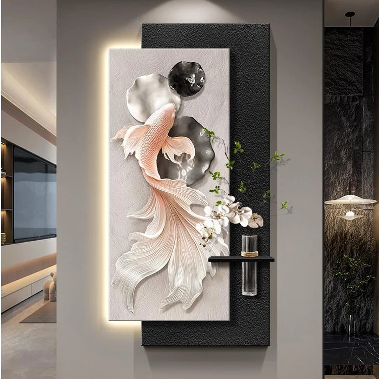 锦鲤玄关装饰画轻奢高级感走廊尽头挂画寓意好入户进门过道壁画