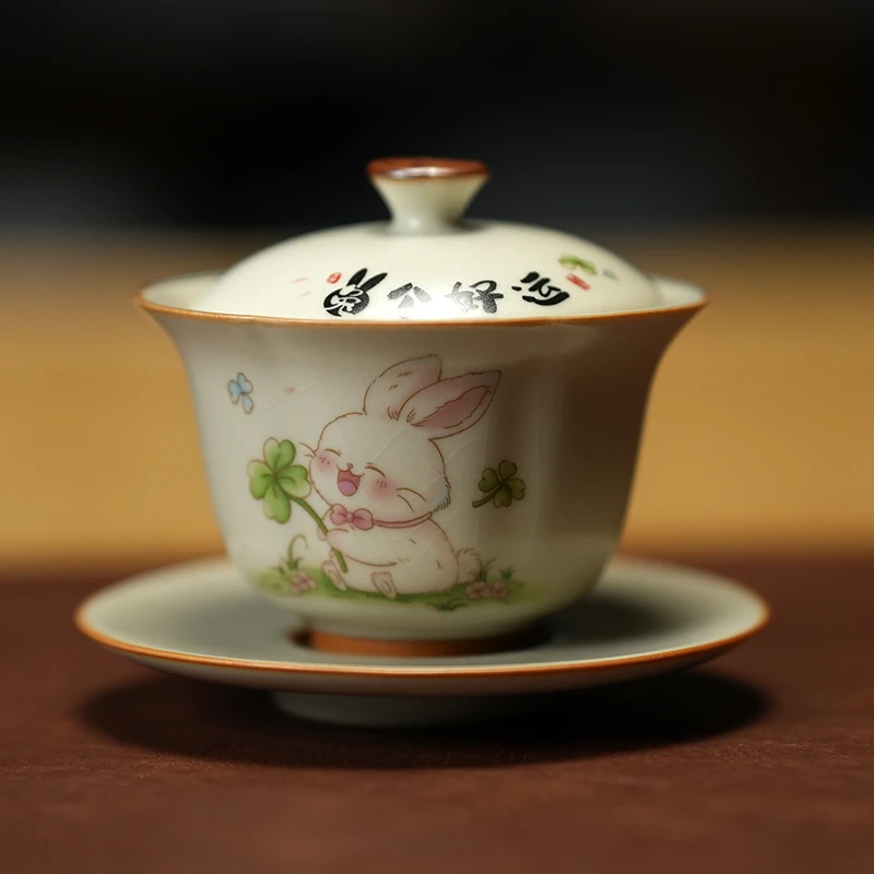 汝窑开片兔子白瓷三才盖碗茶具功夫盖碗高档陶瓷家用盖碗s1019