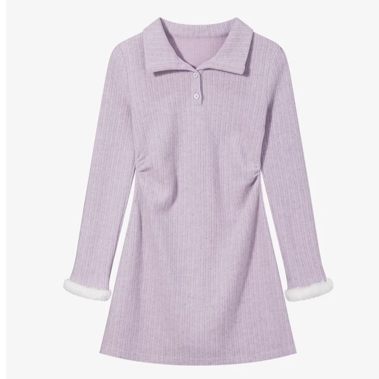 羊城故事-紫色翻领长袖针织连衣裙收腰拼接撞色袖口短裙Y41247624