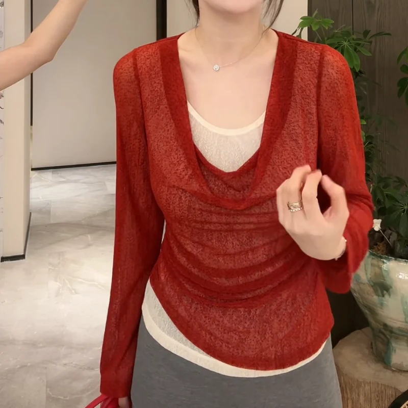 【雾纱离梦】2025秋款原创网纱荡领长袖针织假两件上衣LK2506150