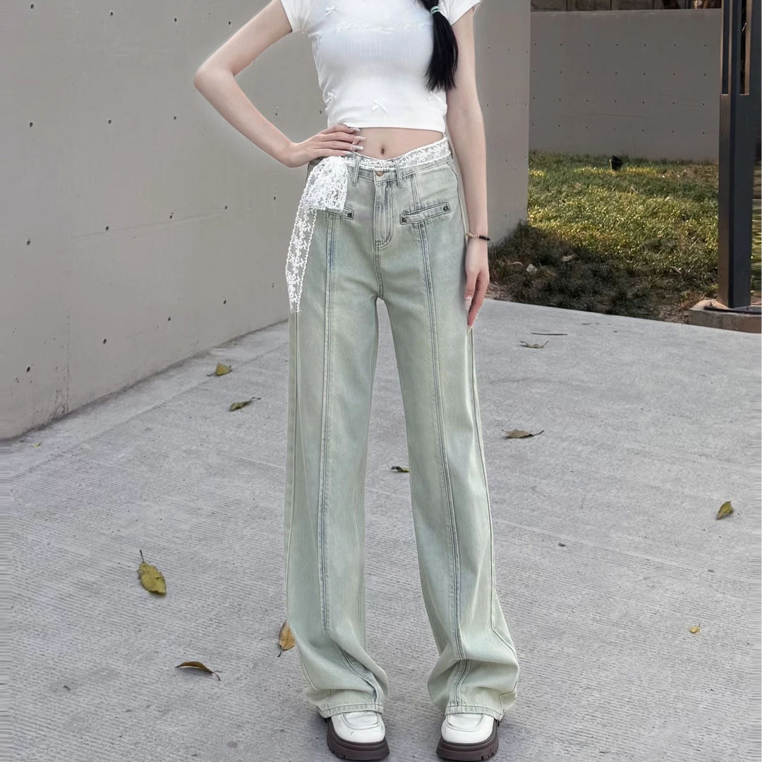 【J.H】新品阔腿牛仔裤女无弹高腰修身遮肉复古潮流百搭显瘦