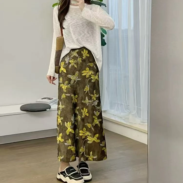 长裙高腰裙子A型水墨印花半身裙百搭优雅通勤欧货