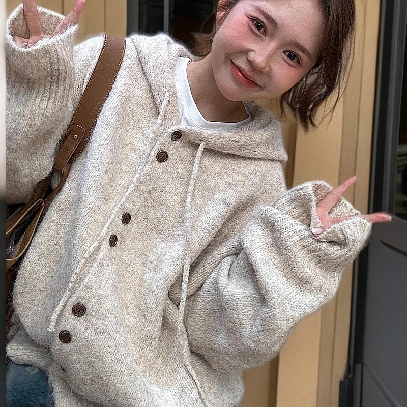 连帽毛衣开衫女秋冬季加厚韩系穿搭宽松慵懒风针织衫外套软糯上衣