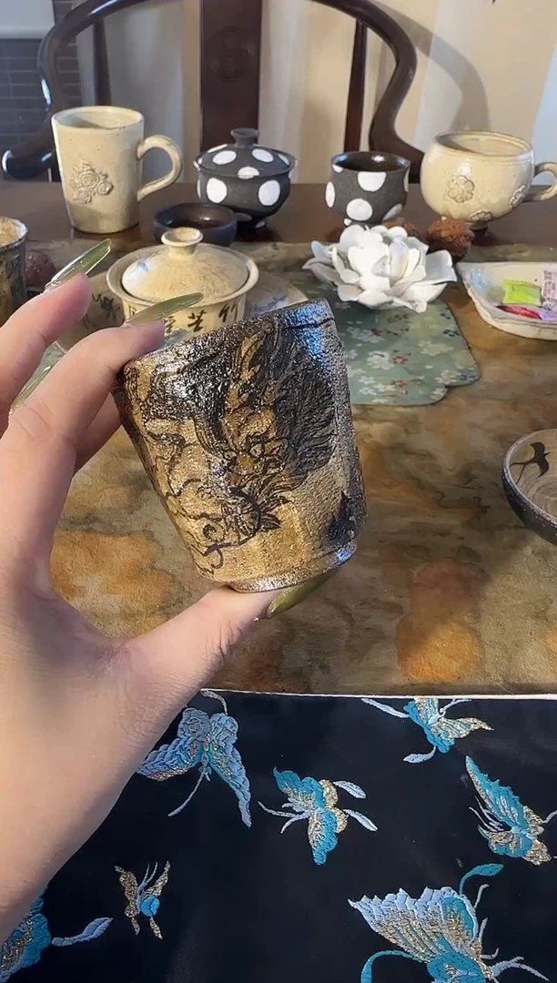 瓷片新品手作粉引手绘龙杯