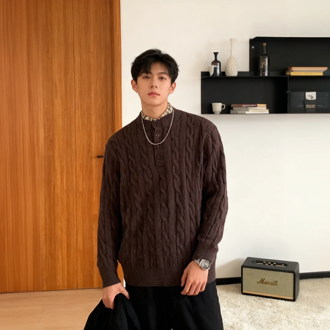 秋冬轻奢格子假两件立领套头针织衫时尚男士纯色长袖上衣提花毛衣