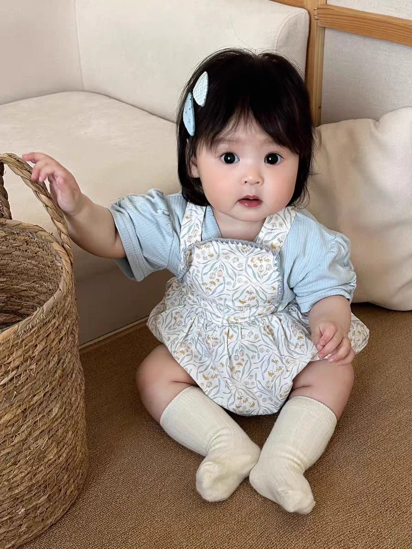 萱妈家【小清新蓝色套装】夏季套装洋气可爱婴幼儿两件套女宝宝衣服