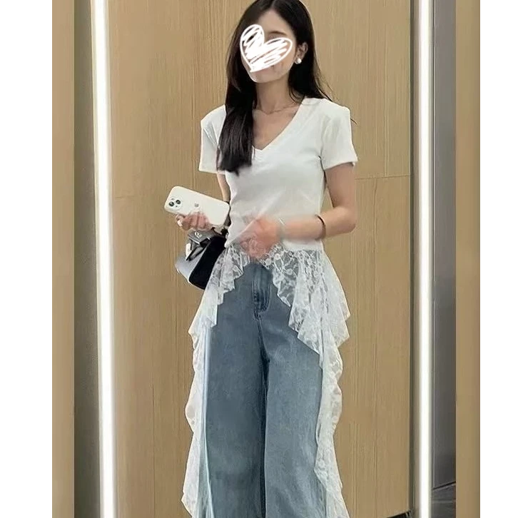 2025夏季新款韩系甜美风V领蕾丝拼接百搭洋气显瘦不规则T恤女