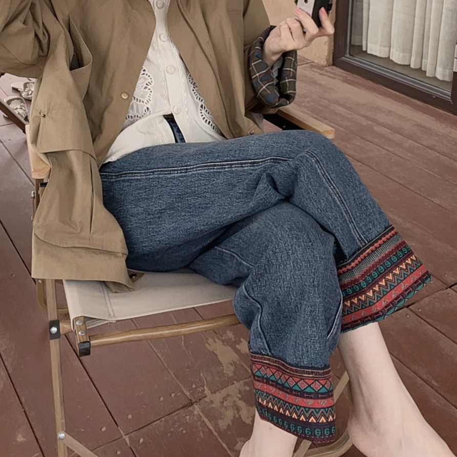 【悦悦专属】新款百搭垂感民族风刺绣花边直筒牛仔裤Y683