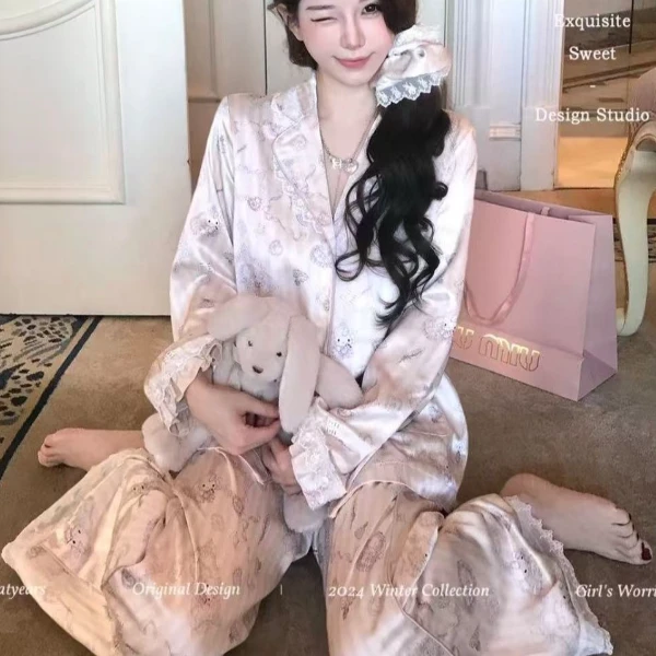 VINEEMAN【梦幻小猫】卡通纯欲蕾丝花边可爱风睡衣女长袖长裤家居服