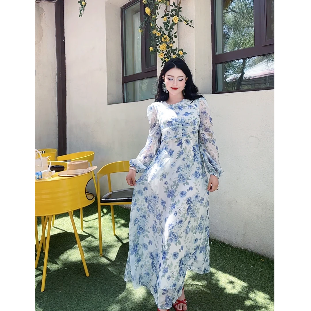 6181【热比亚】法式碎花气质显瘦长袖温柔女装连衣裙