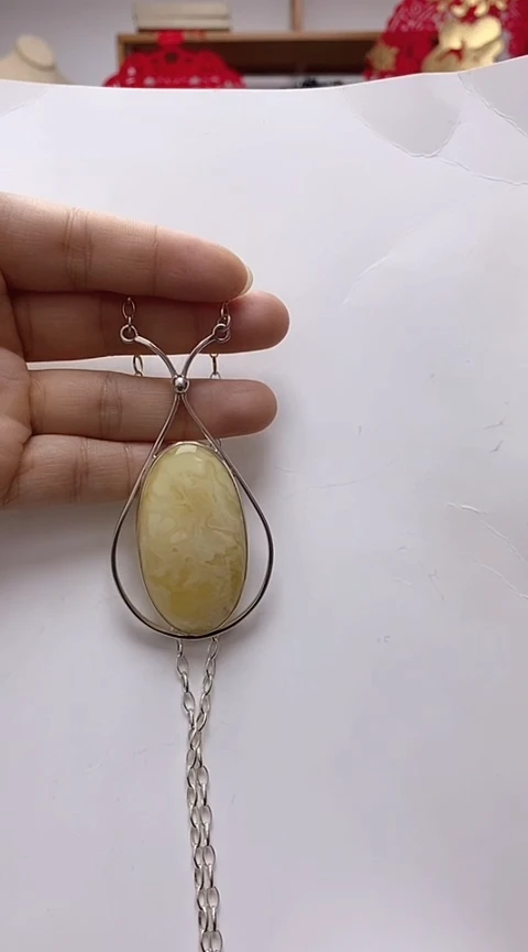 【闪购商品】琥珀裸石银S925镶嵌蜜蜡项链