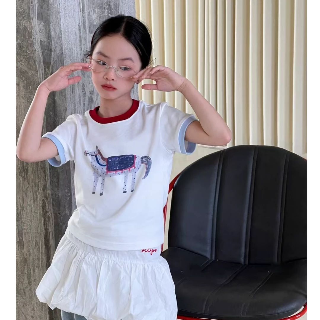 熙爱2025春夏新款女童韩系小众设计感印花时尚短袖百搭T恤25906