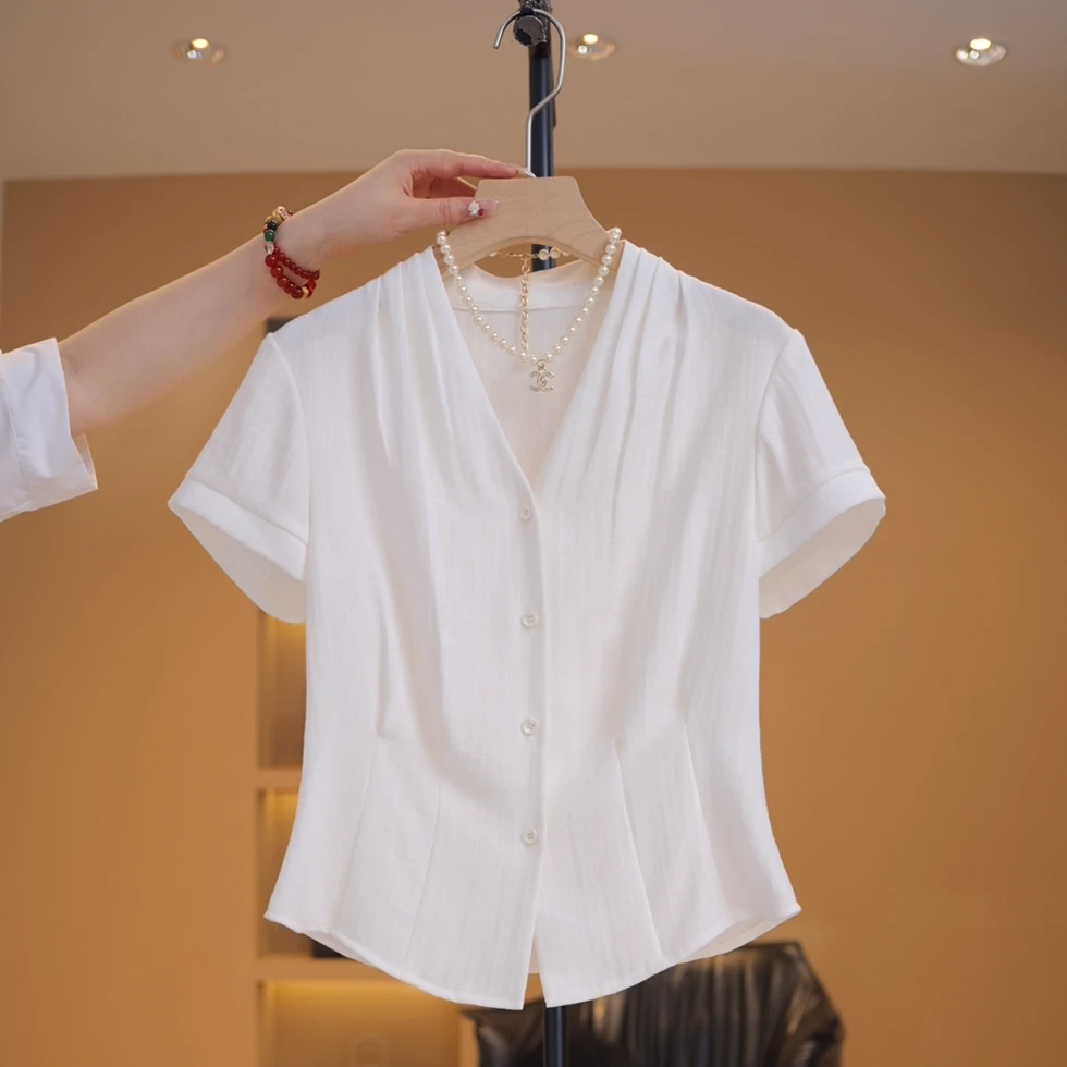 【粥粥】时尚百搭压褶设计感收腰显瘦衬衫-Y17194