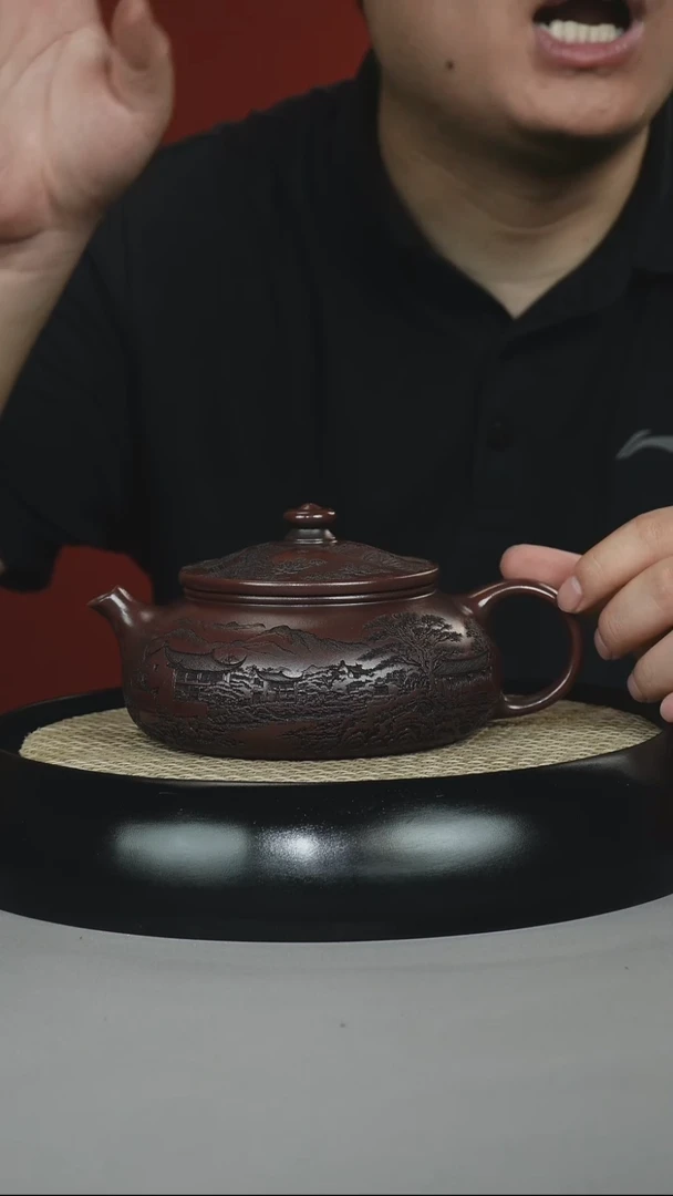 茶壶紫砂黑料石红 寒江 刻楼阁