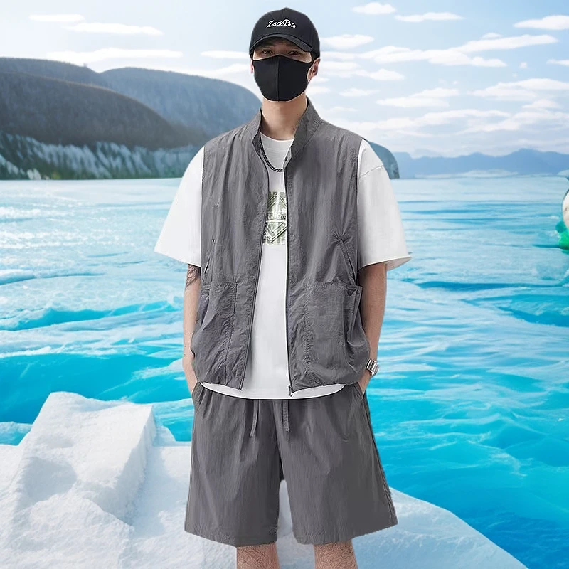 2025年夏季新款男士休闲时尚潮流百搭宽松立领无袖马甲男装套装