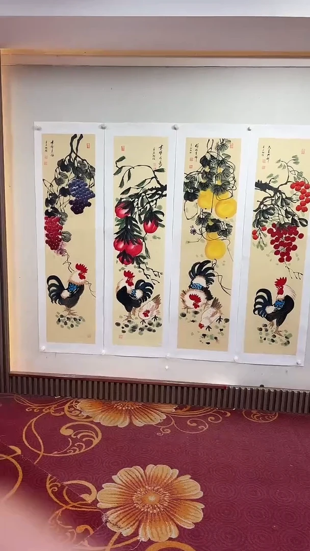 国画仿古公鸡四条屏/雷畅胜