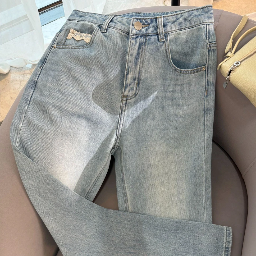 DYT HOME春夏复古宽松直筒裤薄款显瘦拼接花边浅色牛仔裤微阔腿