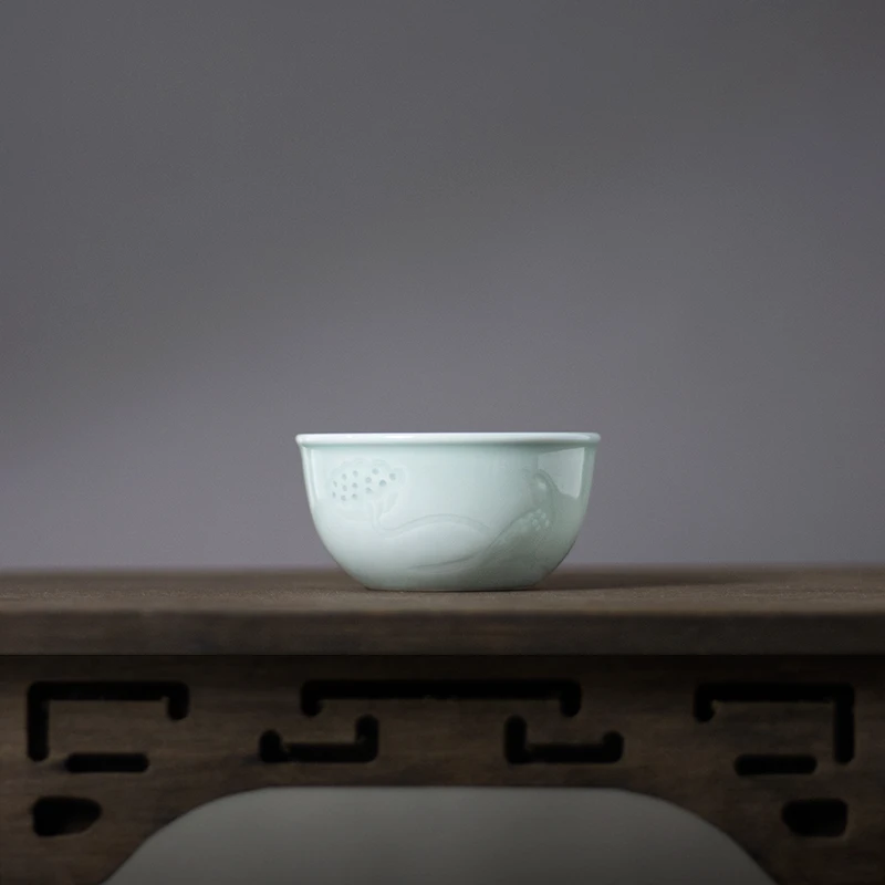 景德镇瓷器小鸟莲蓬主人杯·影青瓷纯手工110ml