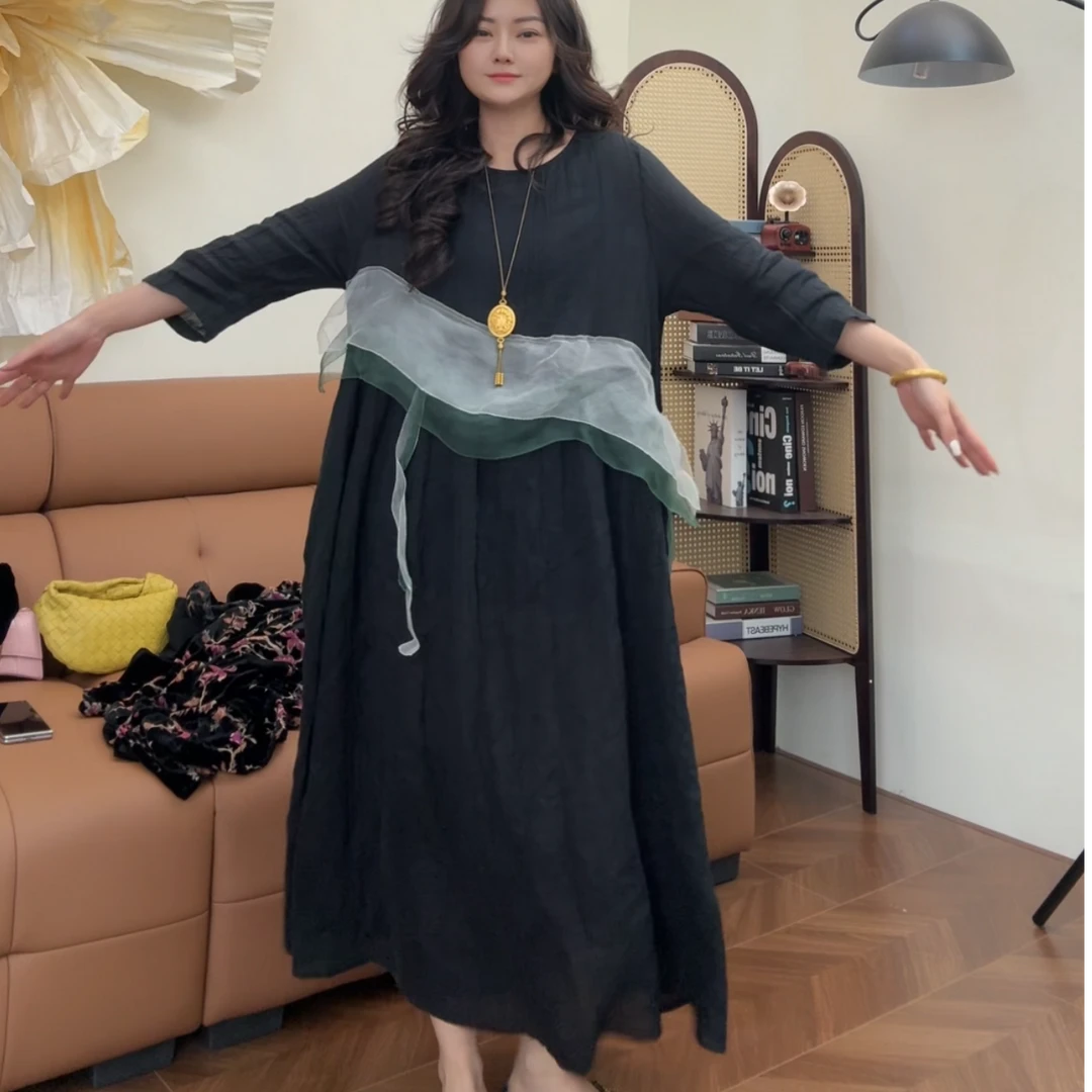 museguhui/木色古汇2830#拼接时尚气质重工百搭显瘦连长款衣裙