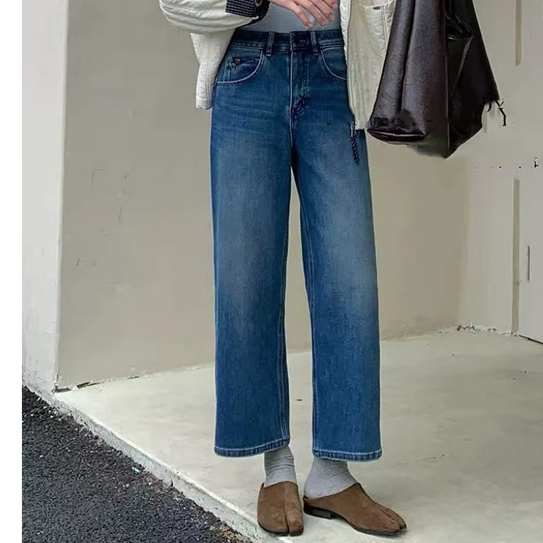 SU【962】代85 愫洋  加绒直筒牛仔裤女2025冬季深蓝色特绒九分阔腿