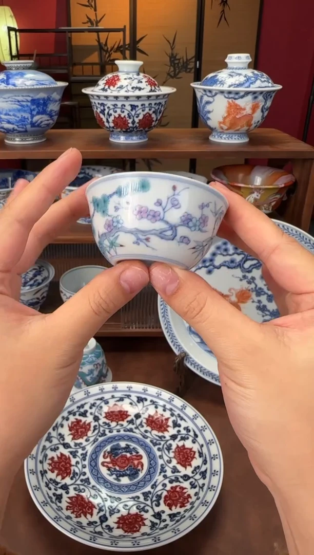 望月怀古斗彩松竹梅鸡缸杯