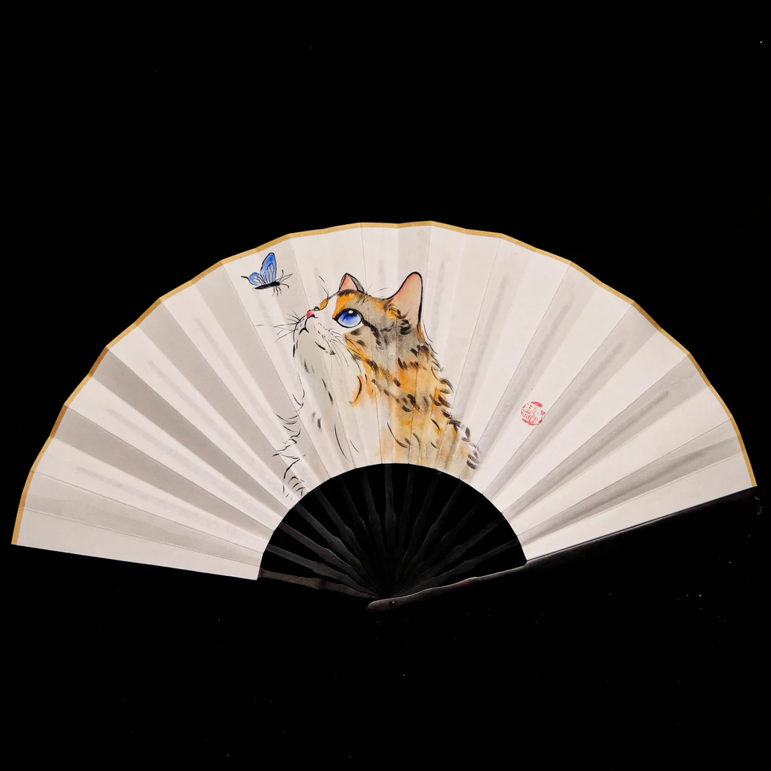 《 猫肥家润》10寸书法折扇手写手绘国潮艺术氛围感摆件扇子-礼盒