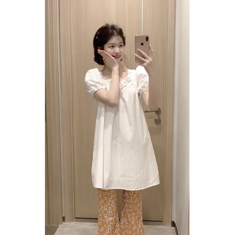 时尚穿搭女夏季泡泡袖蕾丝边宽松显瘦百搭小众上衣花卉印花休闲裤