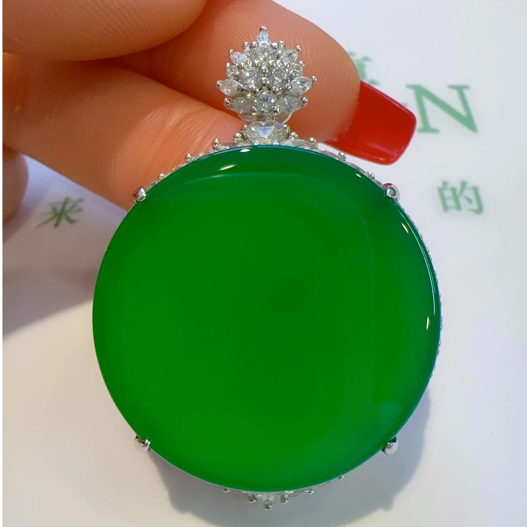 QIAOZUN/巧尊天然玉髓圆牌吊坠平安无事牌满绿辣色高品质简约大气