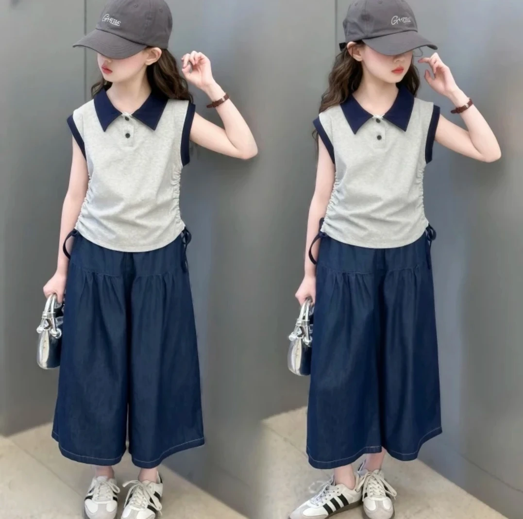 女童夏装套装2025新款儿童洋气薄款无袖Polo短袖夏季阔腿裤两件套