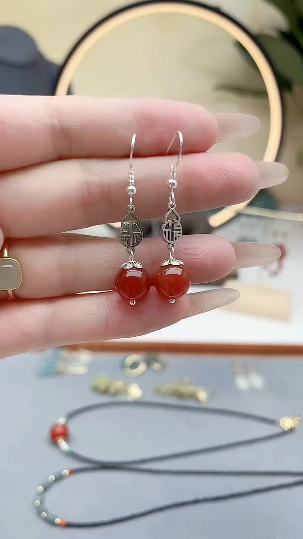 玛瑙/玉髓耳饰银S925镶嵌350