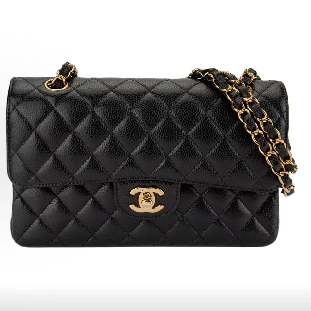 99新 Chanel/香奈儿 classicFlapCF皮穿链颗粒小牛皮黑金小号