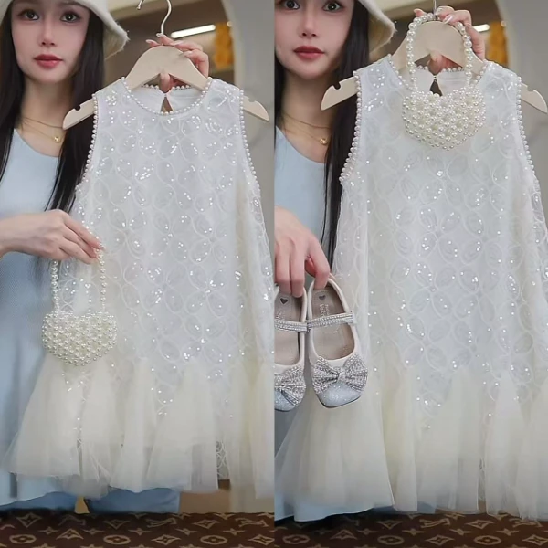AYJ250144女童韩版夏季白色亮片礼服连衣裙