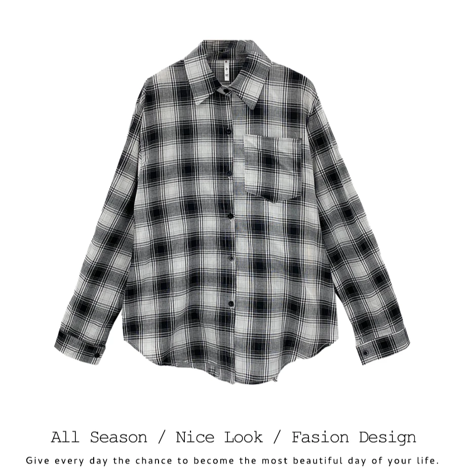 968 春款美式复古黑白格子衬衫女款宽松中长款韩版衬衣外套#1198