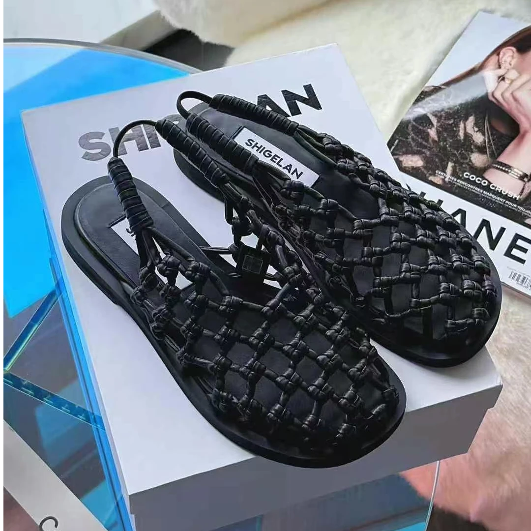 诗歌兰女鞋2025夏真皮复古编织一字扣百搭包头罗马凉鞋2282-7