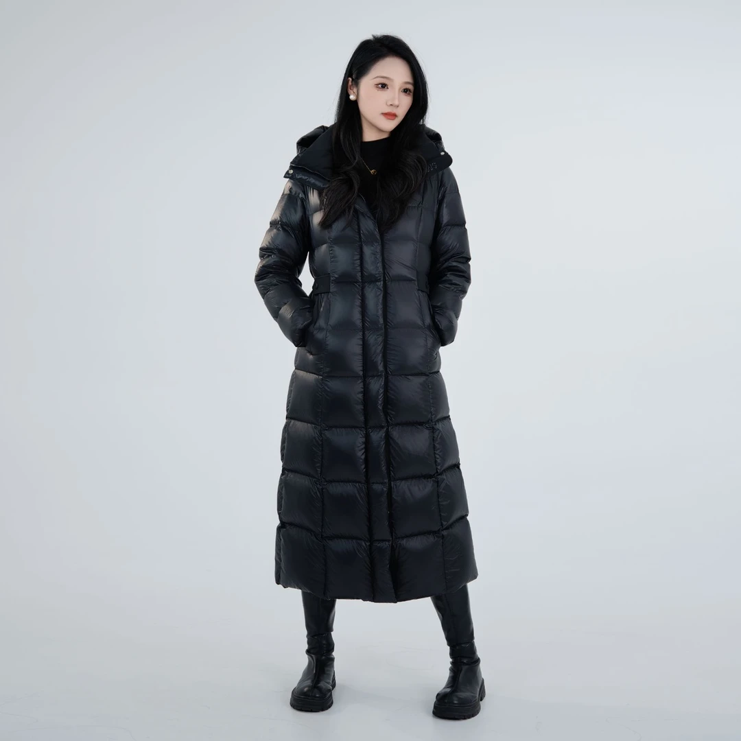 坦博尔90鹅绒加厚长款保暖时尚长款羽绒服连帽黑色